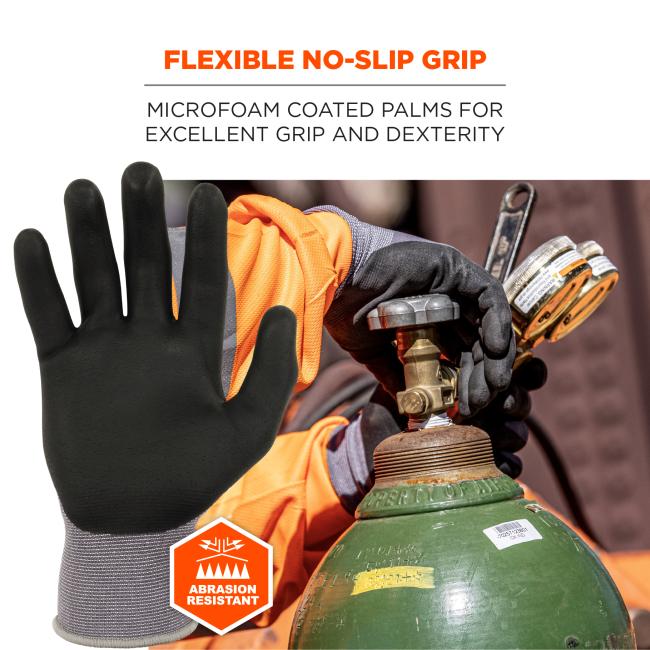 Flexible no-slip grip: microfoam coated palms for excellent grip and dexterity. Abrasion resistant.