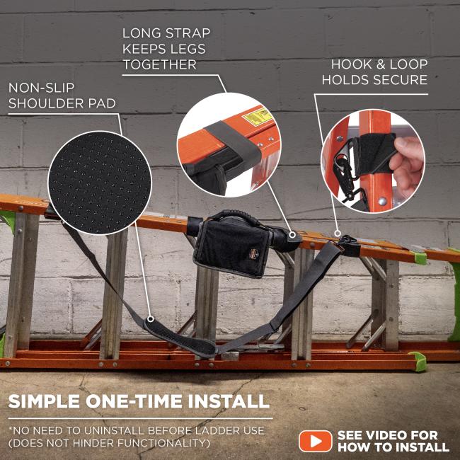 Simple one-time install: no need to uninstall before ladder use (does not hinder functionality). See video for how to install. Features a non-slip shoulder pad, long strap that keeps legs together, and hook& loops holds that secure.