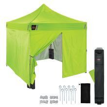 Fully enclosed tent shown with zippered entry opening and interior setup. Includes weight bags ground stakes ropes and roller storage bag for complete use and transport .