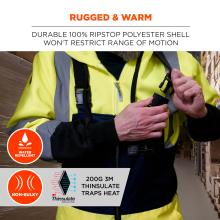 Rugged & Warm. The overalls are made from durable polyester nylon blend shell, ensuring they won’t restrict movement while providing excellent protection. They are also water-repellent to prevent moisture from seeping in and non-bulky for maximum comfort. The insulation consists of 200G 3M Thinsulate, which effectively traps heat and provides warmth in extremely cold environments.