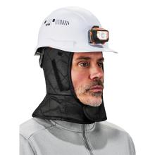 3q view of model wearing a black quilted shell winter hard hat liner under a hard hat