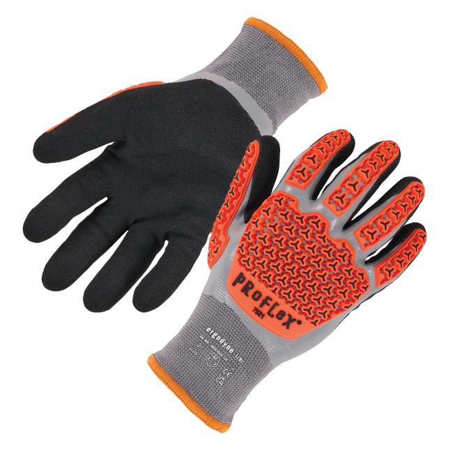 Palm and orange impact padding dorsal view of thermal coated impact resistant gloves
