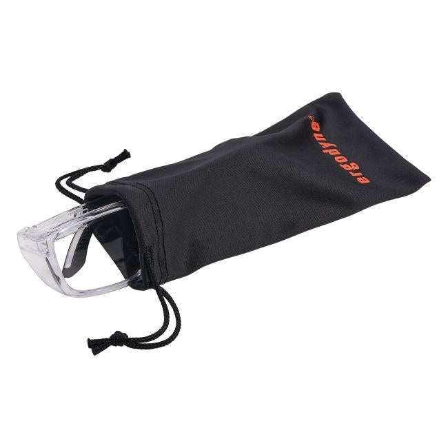 Clear lens safety glasses with side shields in a microfiber cleaning bag